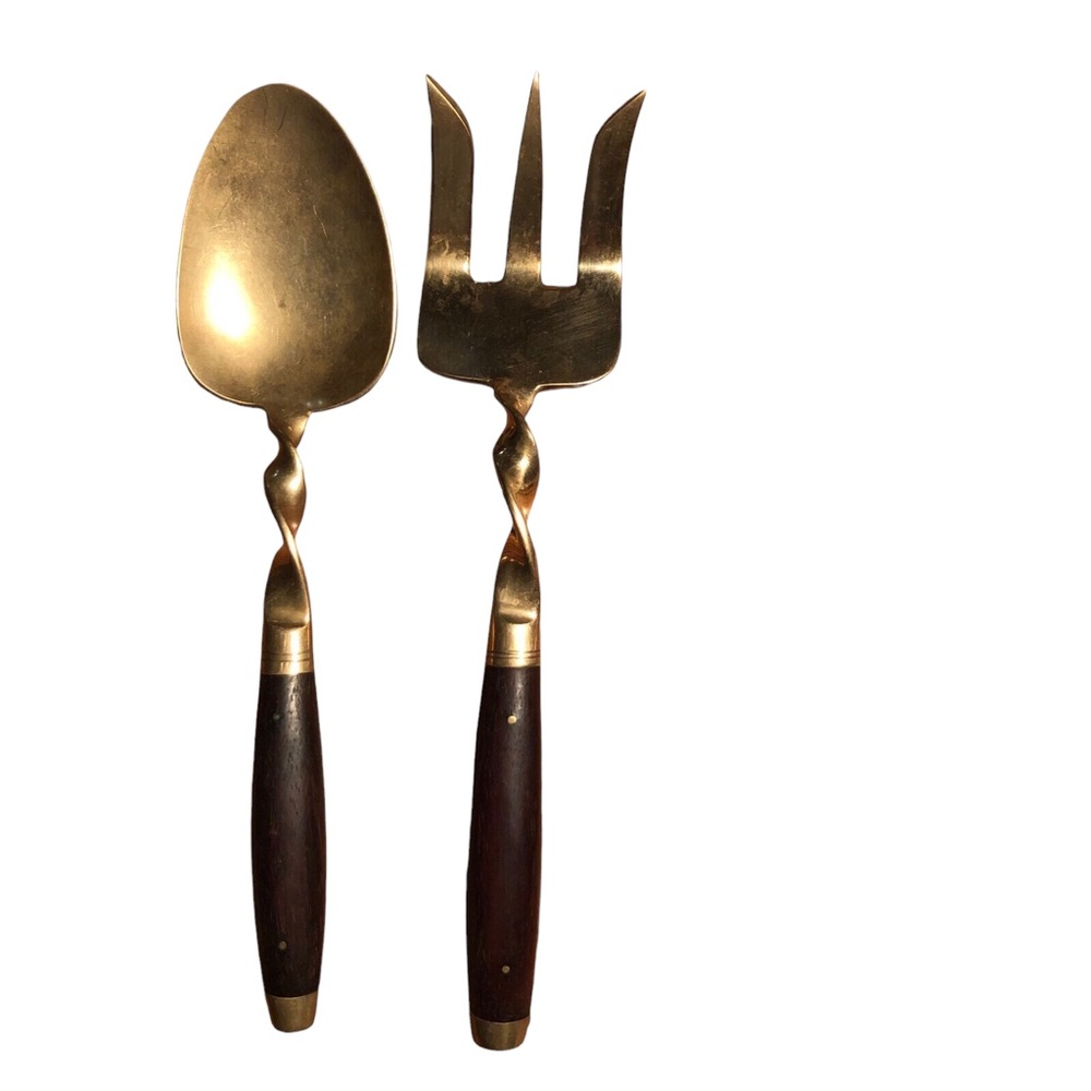 Vtg Brass Wood Twisted Handle Serving Spoon Fork Antique Style Unique utensils